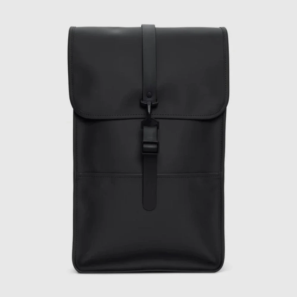 Rains Black Waterproof Laptop Backpack Matte Rucksack Macrobond Logo Minimalist